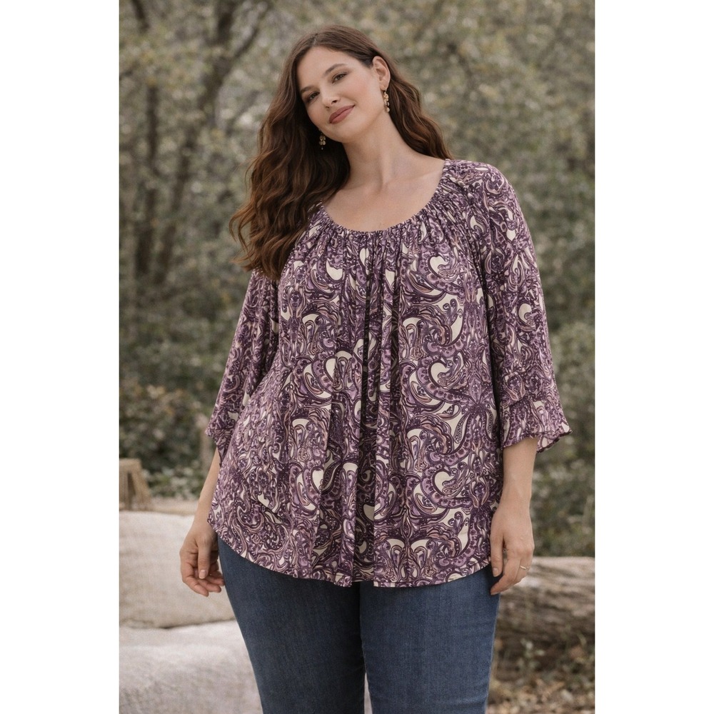 DR2 Women 2X Purple Paisley 3/4 Sleeve Peasant Blouse Scoop Neck Relaxed Fit Top